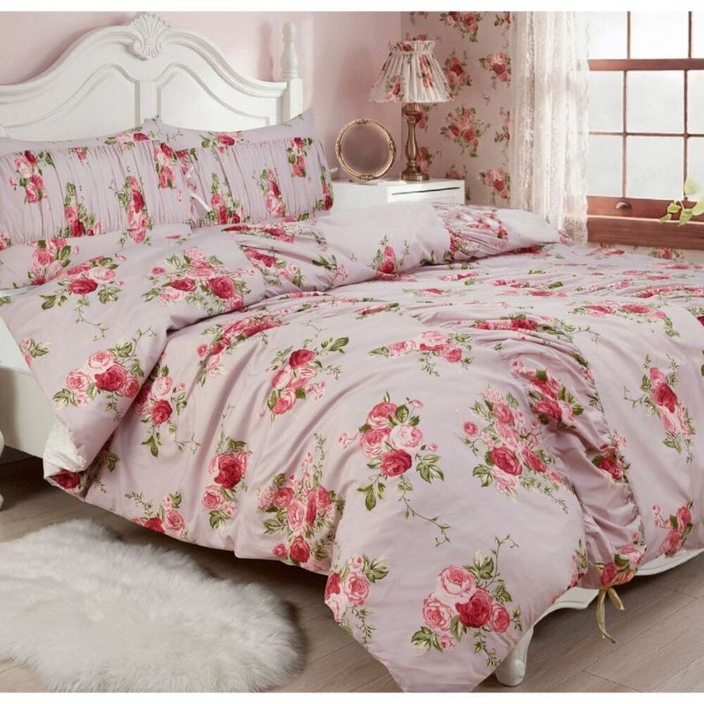 Full/Queen Ruched Comforter Set Pink Floral
